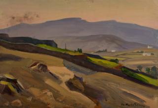 Kythnos, Simple Landscape on Plywood — Oil painting, Plywood, 38.00×55.00cm — Theodoros Markellos